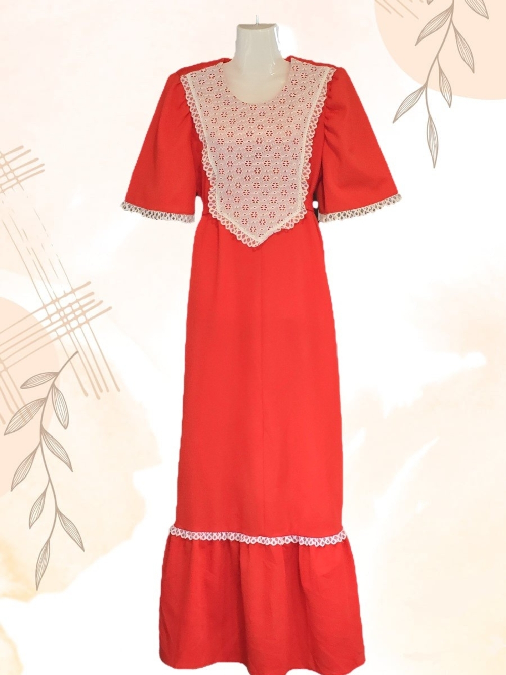 1970s Gunne Style Red Lace-Trim Maxi Dress with White - Handmade